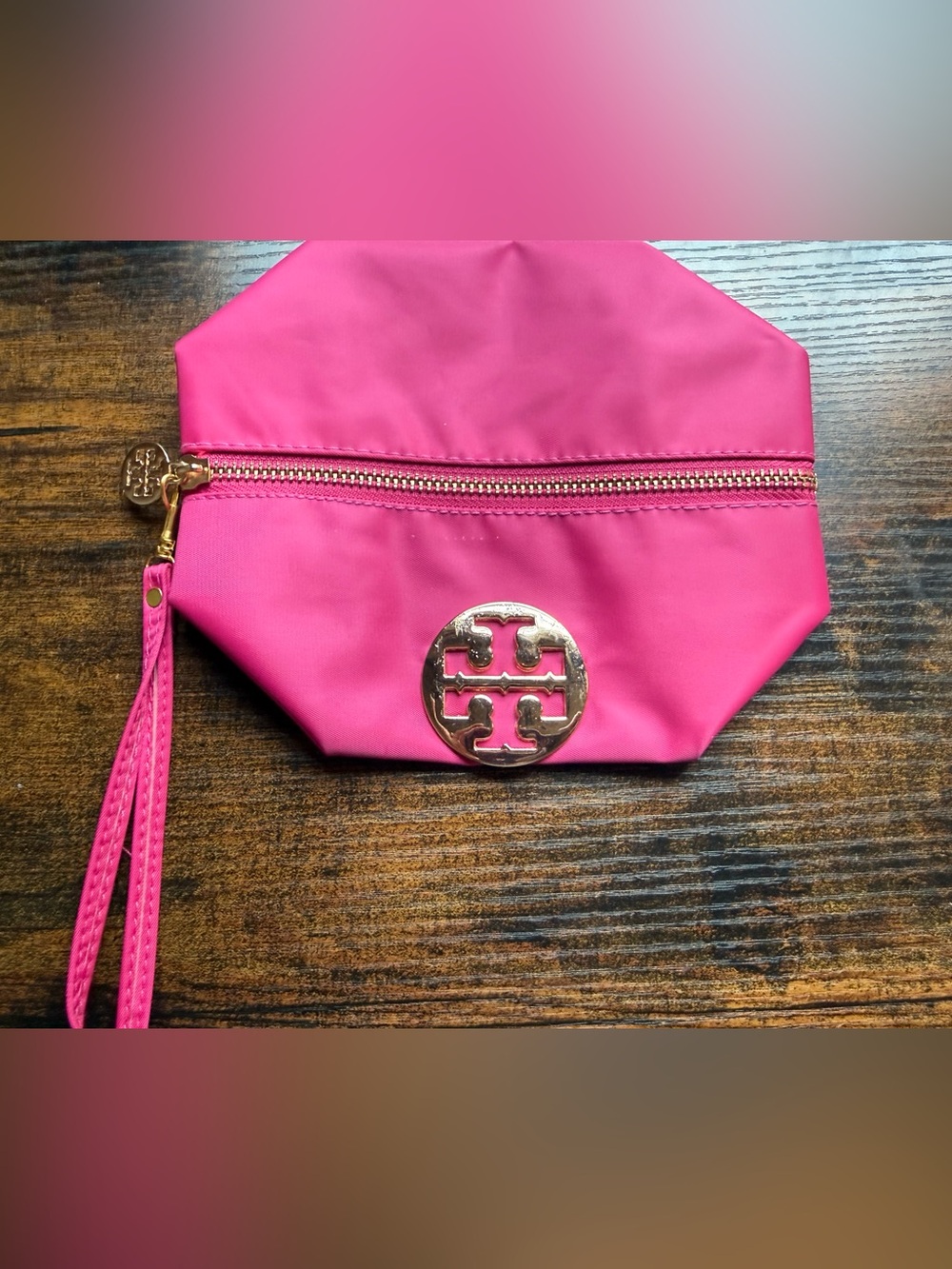Tory Burch Hot Pink Nylon Wristlet Cosmetic Pouch with Gold Logo